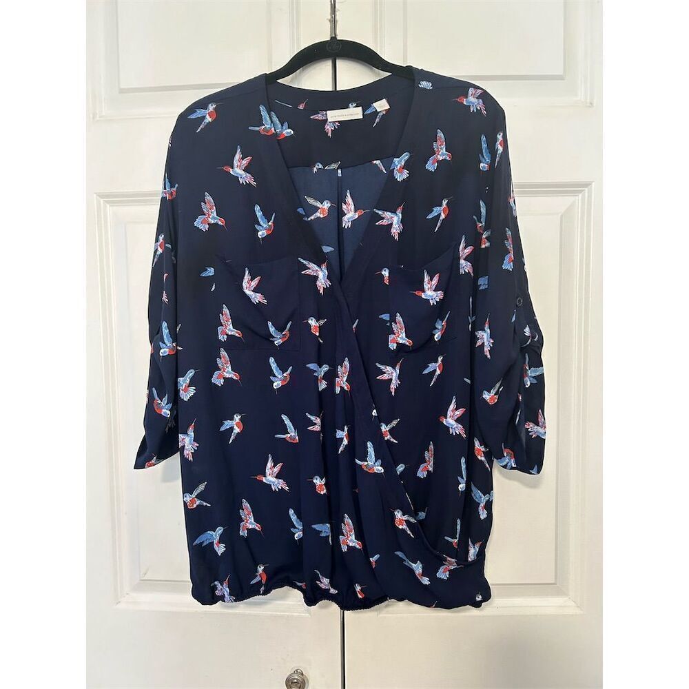 New York & Co. Women's XL Blue Bird Print Long Sleeve Blouse Casual
